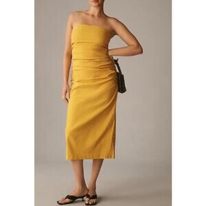BY ANTHROPOLOGIE Soleil Mango Yellow Slim Strapless Ruched Midi Dress Size Large